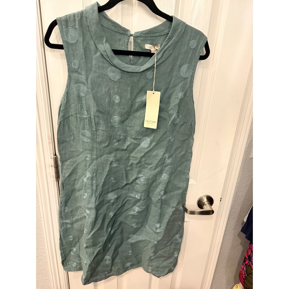 Lina Tomei Shift Dress Light Olive Linen Polka Dot Made in Italy Art 27102